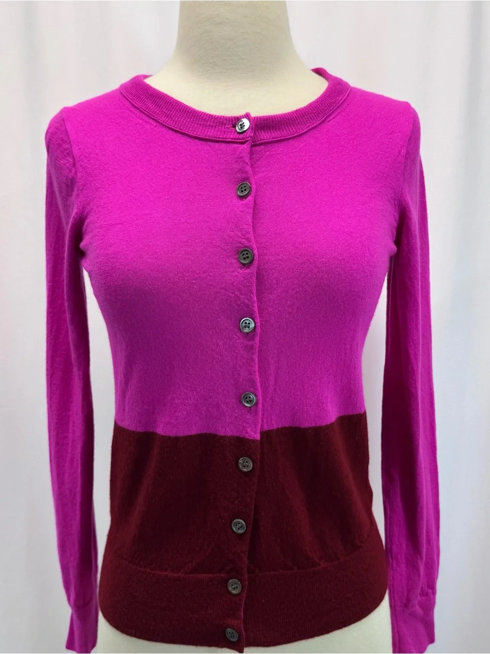 J. Crew Two-Tone Button-Front Cardigan Fuchsia S Wool Burgundy Preppy Luxury